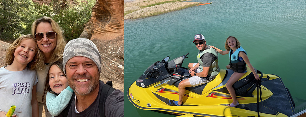 Image of Justin Osmond and his family hiking and Justin with his daughter on a jet ski